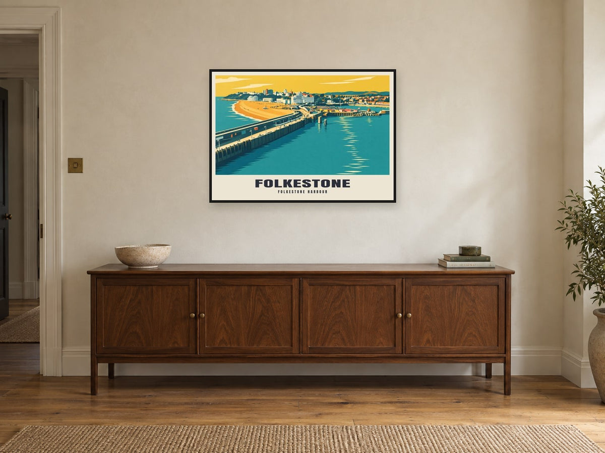 Folkestone harbour Poster at A1, in a black frame, above a sideboard