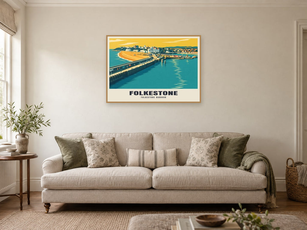 Folkestone harbour Poster at A1, in an oak frame, in a sitting room