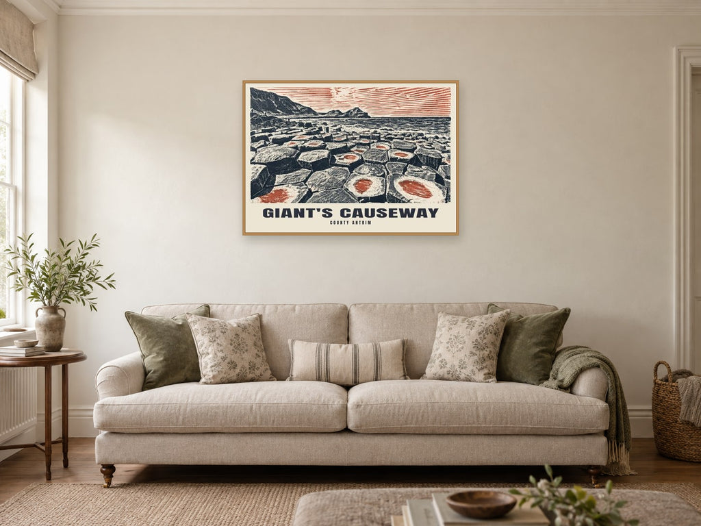 County Antrim, Giant's Causeway Poster at A1, in an oak frame, in a sitting room