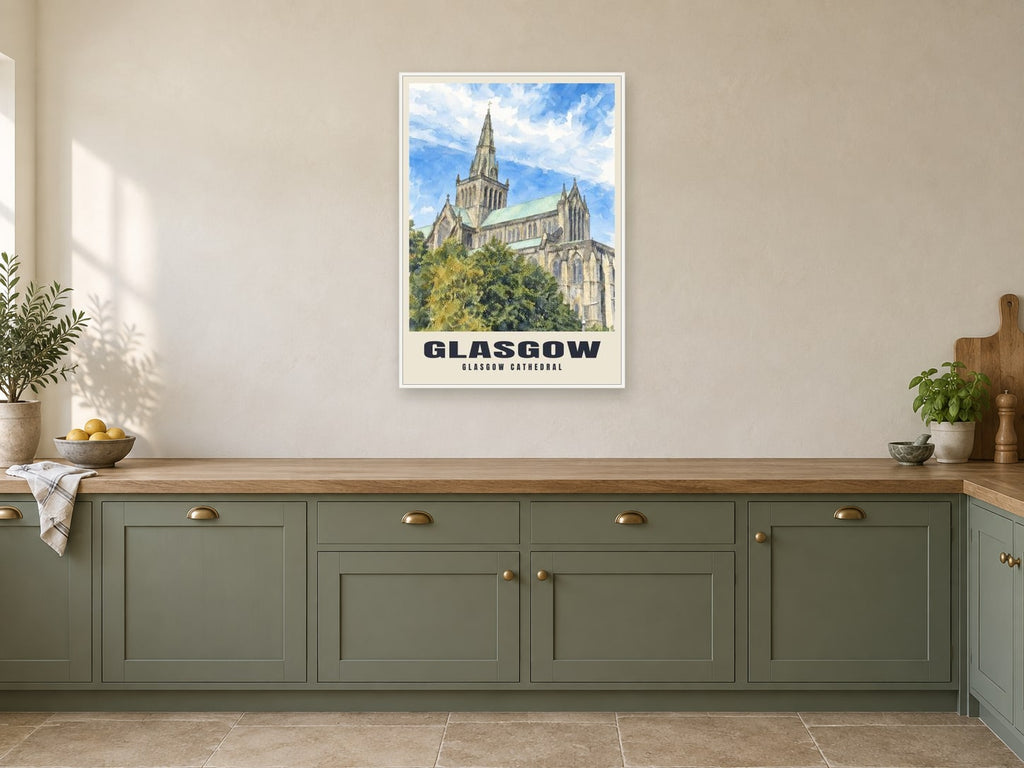 Glasgow Cathedral Poster at A1, in a white frame, in a kitchen