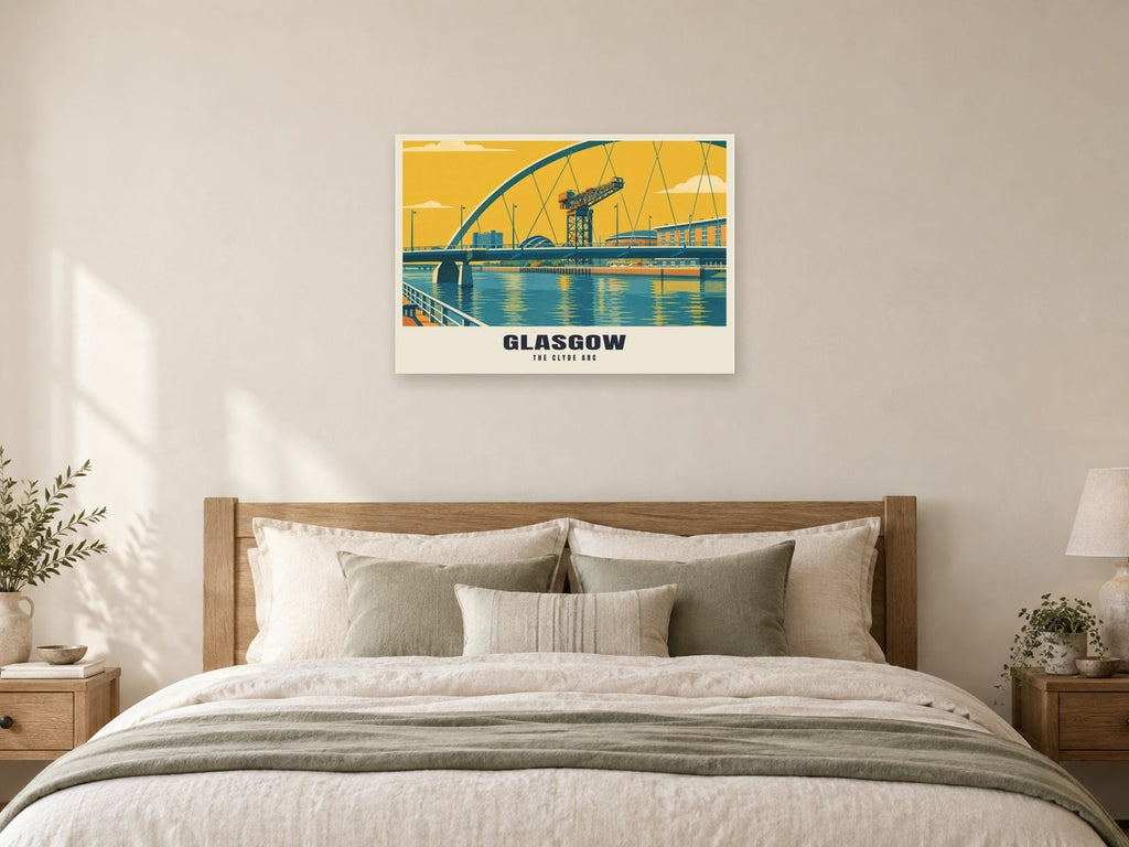The Clyde Arc, Glasgow Poster at A1, as a poster, above a bed