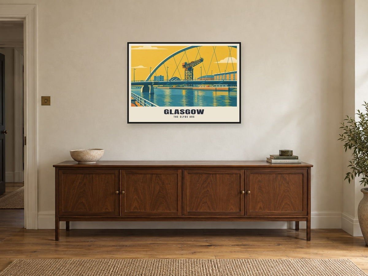 The Clyde Arc, Glasgow Poster at A1, in a black frame, above a sideboard