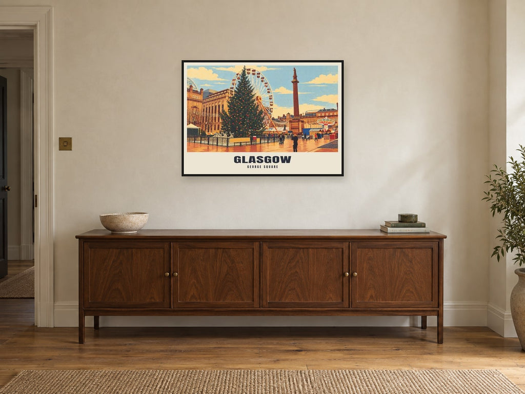 George Square, Glasgow Poster at A1, in a black frame, above a sideboard