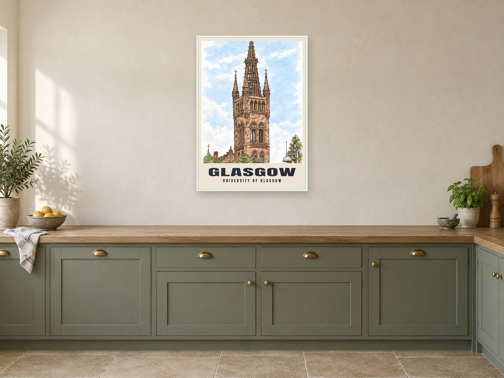 University of Glasgow Poster at A1, in a white frame, in a kitchen