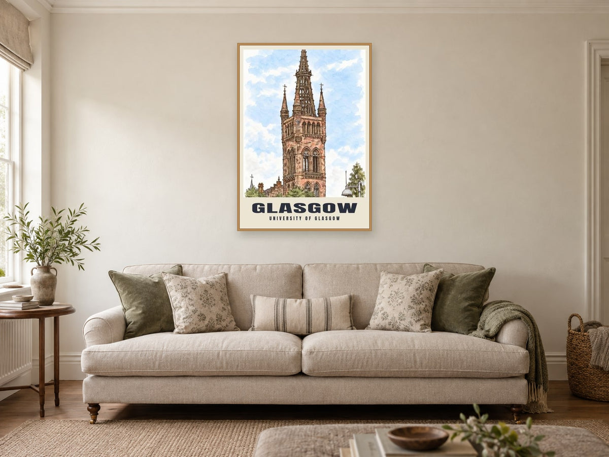 University of Glasgow Poster at A1, in an oak frame, in a sitting room