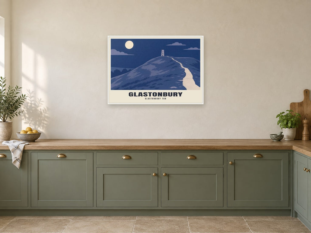 Glastonbury Tor Poster at A1, in a white frame, in a kitchen