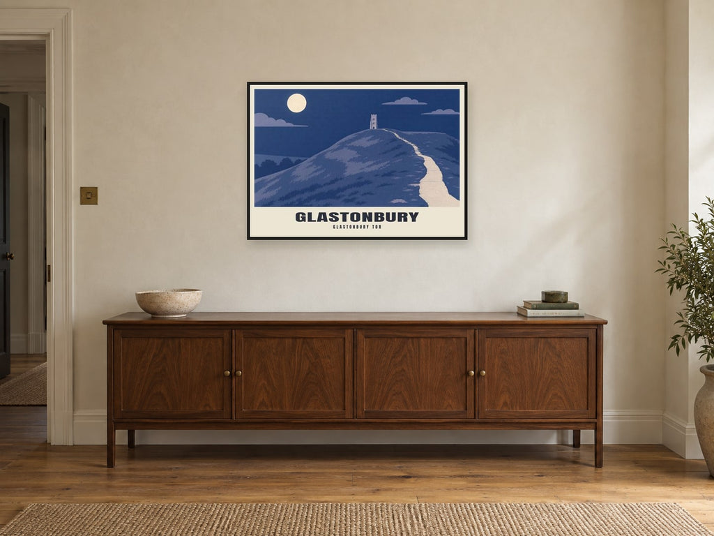 Glastonbury Tor Poster at A1, in a black frame, above a sideboard