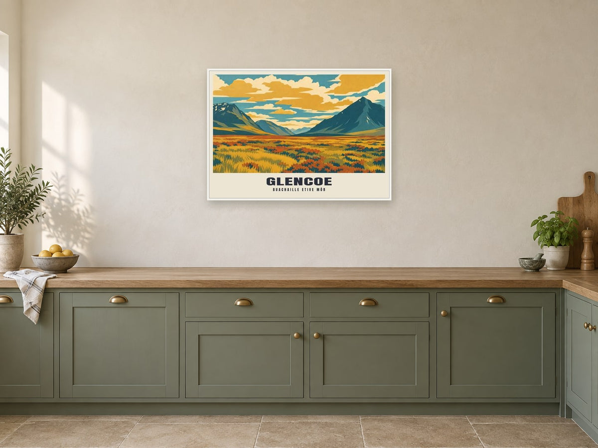 Buachaille Etive Mòr, Glencoe Poster at A1, in a white frame, in a kitchen