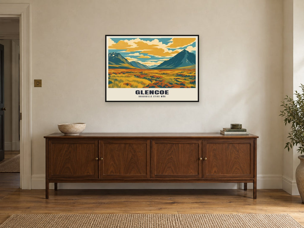 Buachaille Etive Mòr, Glencoe Poster at A1, in a black frame, above a sideboard