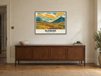 Buachaille Etive Mòr, Glencoe Poster at A1, in a black frame, above a sideboard