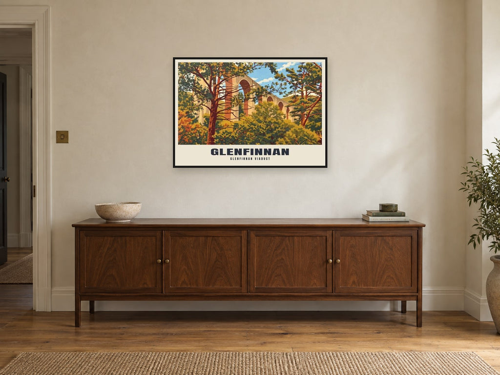 Glenfinnan Viaduct Poster at A1, in a black frame, above a sideboard