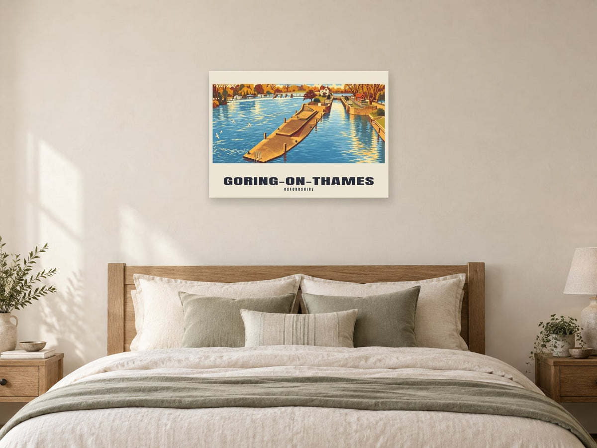 Goring-on-Thames Poster — Goring Lock at A1, as a poster, above a bed