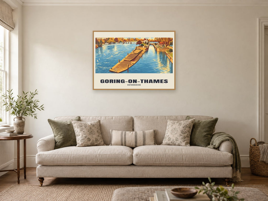Goring-on-Thames Poster — Goring Lock at A1, in an oak frame, in a sitting room
