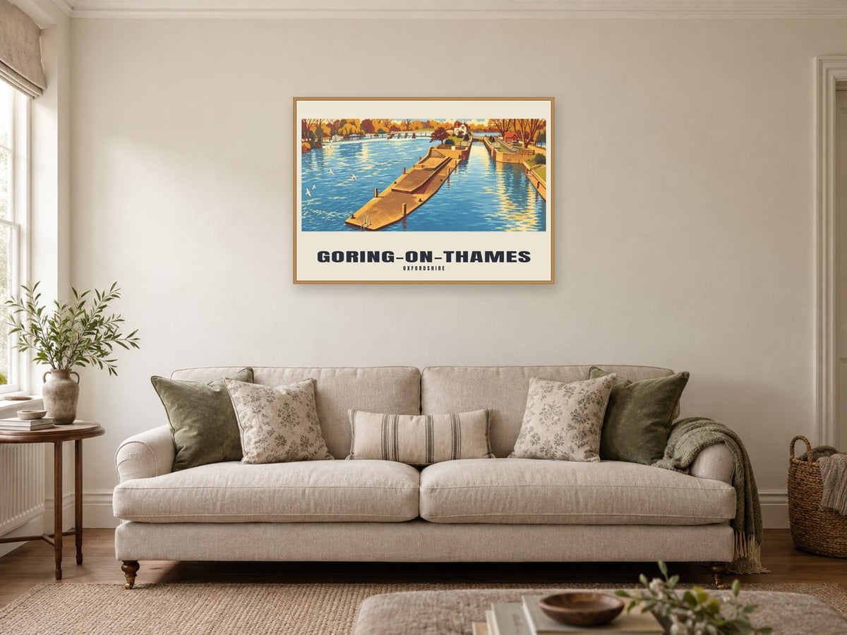 Goring-on-Thames Poster — Goring Lock at A1, in an oak frame, in a sitting room