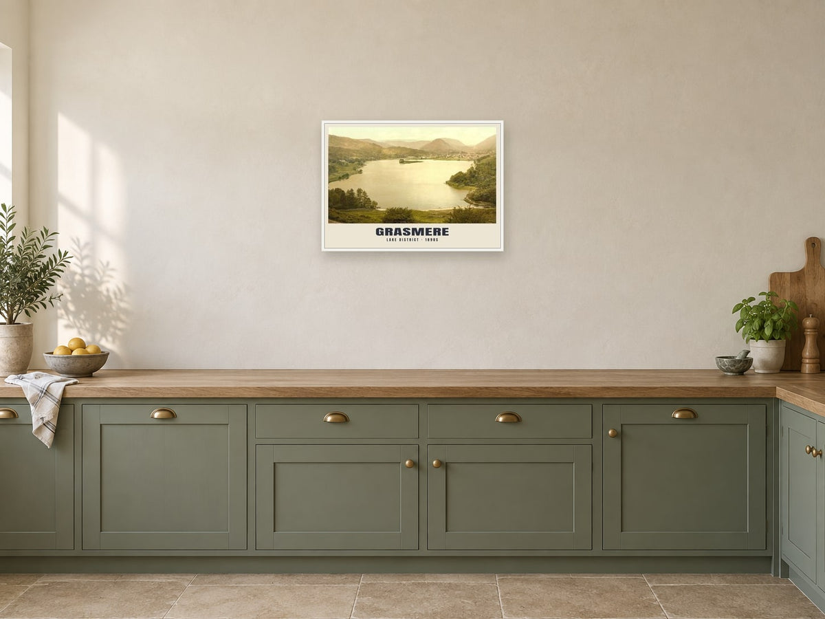 Grasmere, 1890s Heritage Print at A2, in a white frame, in a kitchen