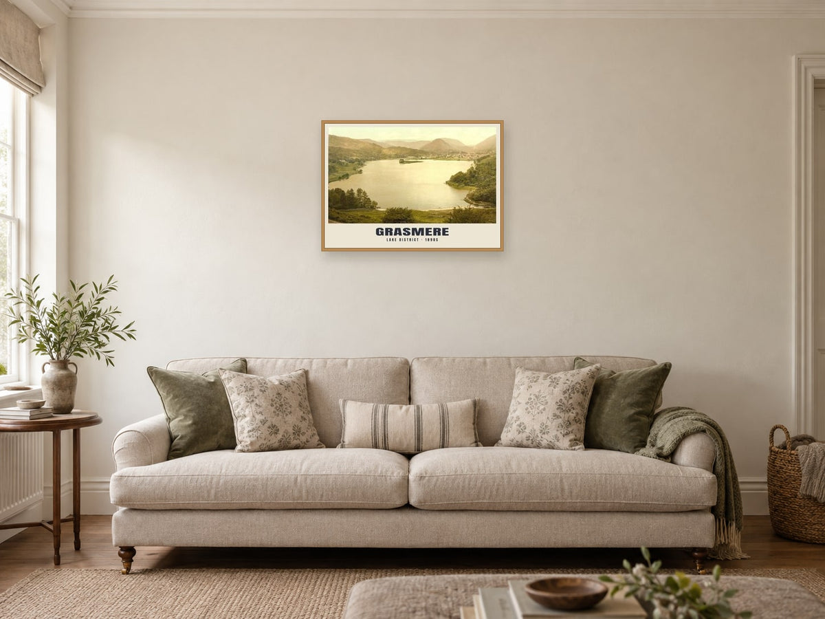 Grasmere, 1890s Heritage Print at A2, in an oak frame, in a sitting room