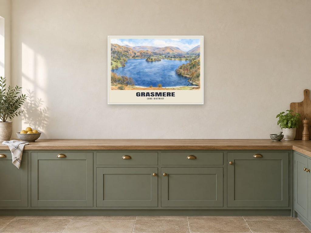Grasmere Poster at A1, in a white frame, in a kitchen