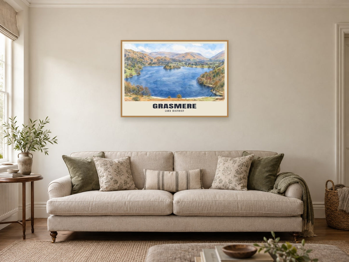 Grasmere Poster at A1, in an oak frame, in a sitting room