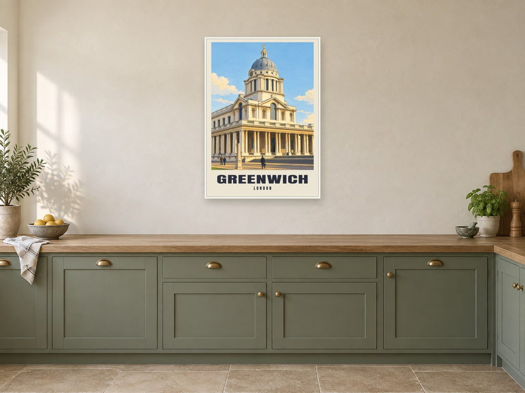 Greenwich Poster — Old Royal Naval College at A1, in a white frame, in a kitchen