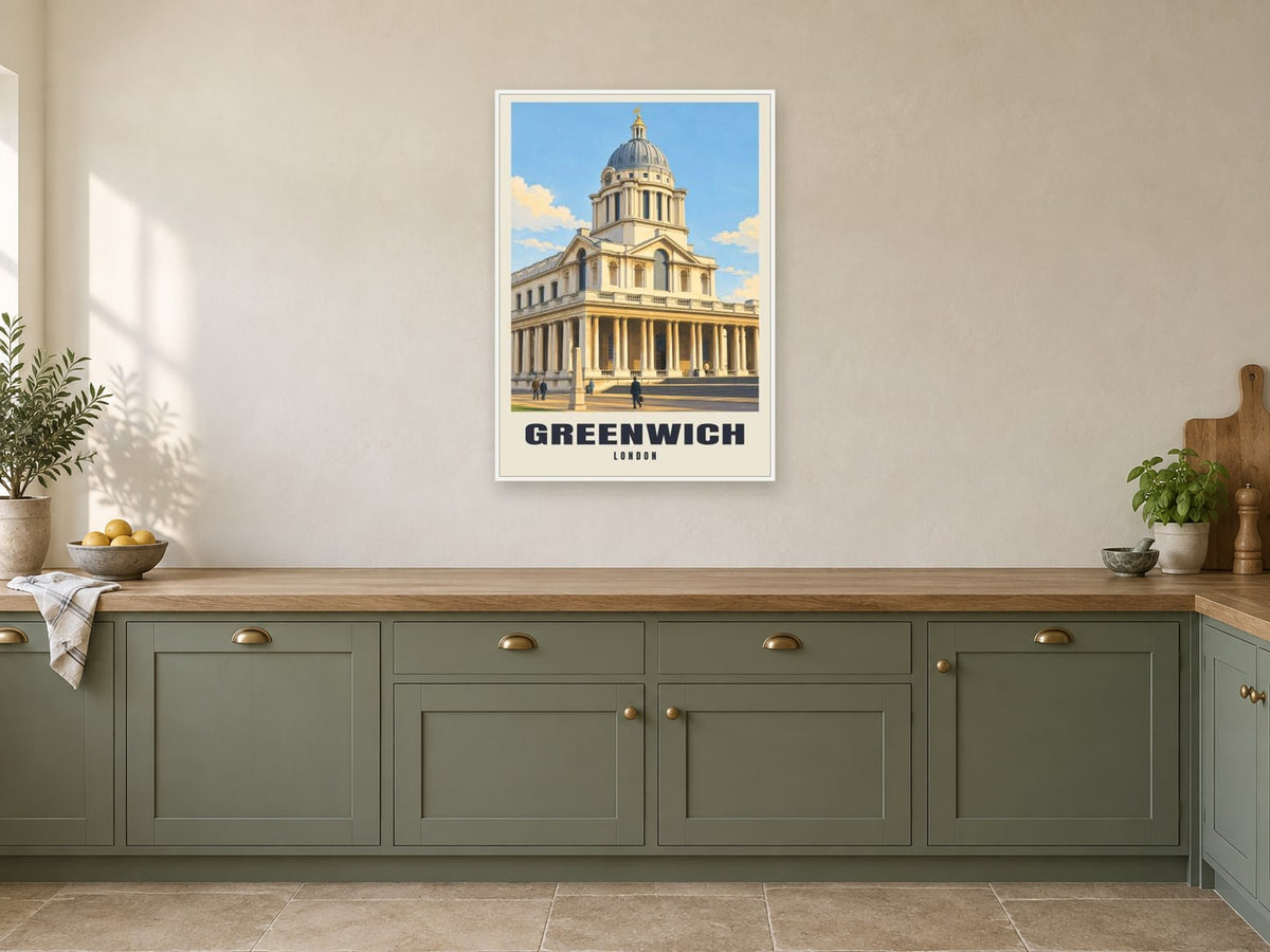 Greenwich Poster — Old Royal Naval College at A1, in a white frame, in a kitchen