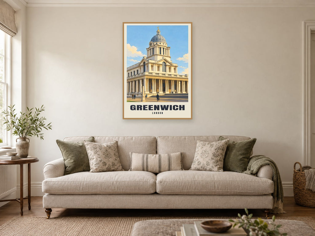 Greenwich Poster — Old Royal Naval College at A1, in an oak frame, in a sitting room