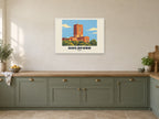 Guildford Poster — Guildford Cathedral at A1, in a white frame, in a kitchen