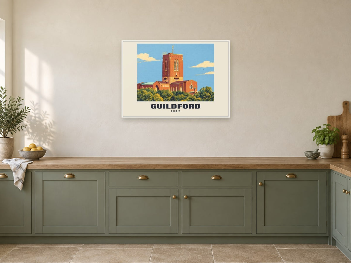 Guildford Poster — Guildford Cathedral at A1, in a white frame, in a kitchen