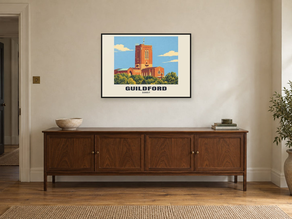 Guildford Poster — Guildford Cathedral at A1, in a black frame, above a sideboard