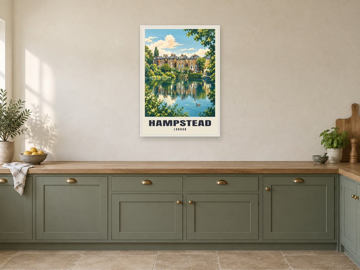 Hampstead Poster — Hampstead Heath at A1, in a white frame, in a kitchen