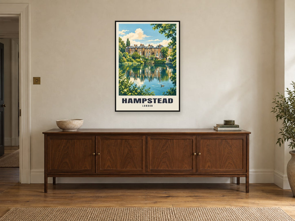 Hampstead Poster — Hampstead Heath at A1, in a black frame, above a sideboard