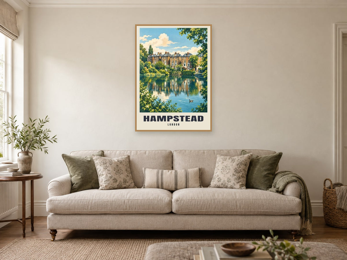 Hampstead Poster — Hampstead Heath at A1, in an oak frame, in a sitting room