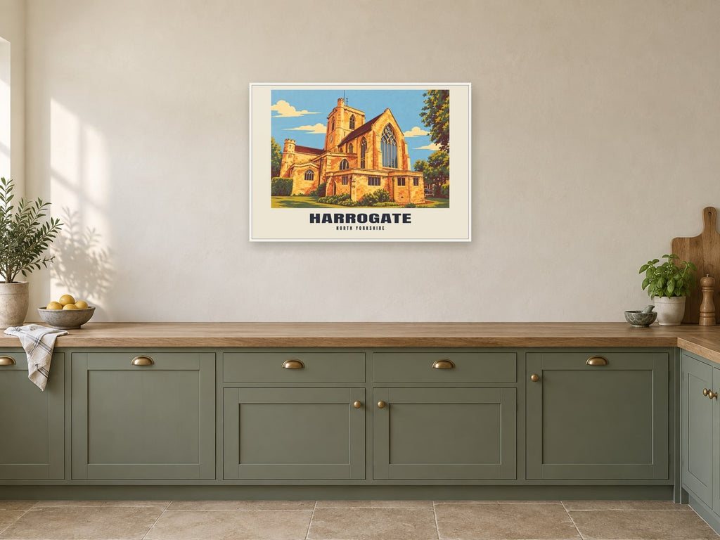 Harrogate Poster — Kairos Church at A1, in a white frame, in a kitchen