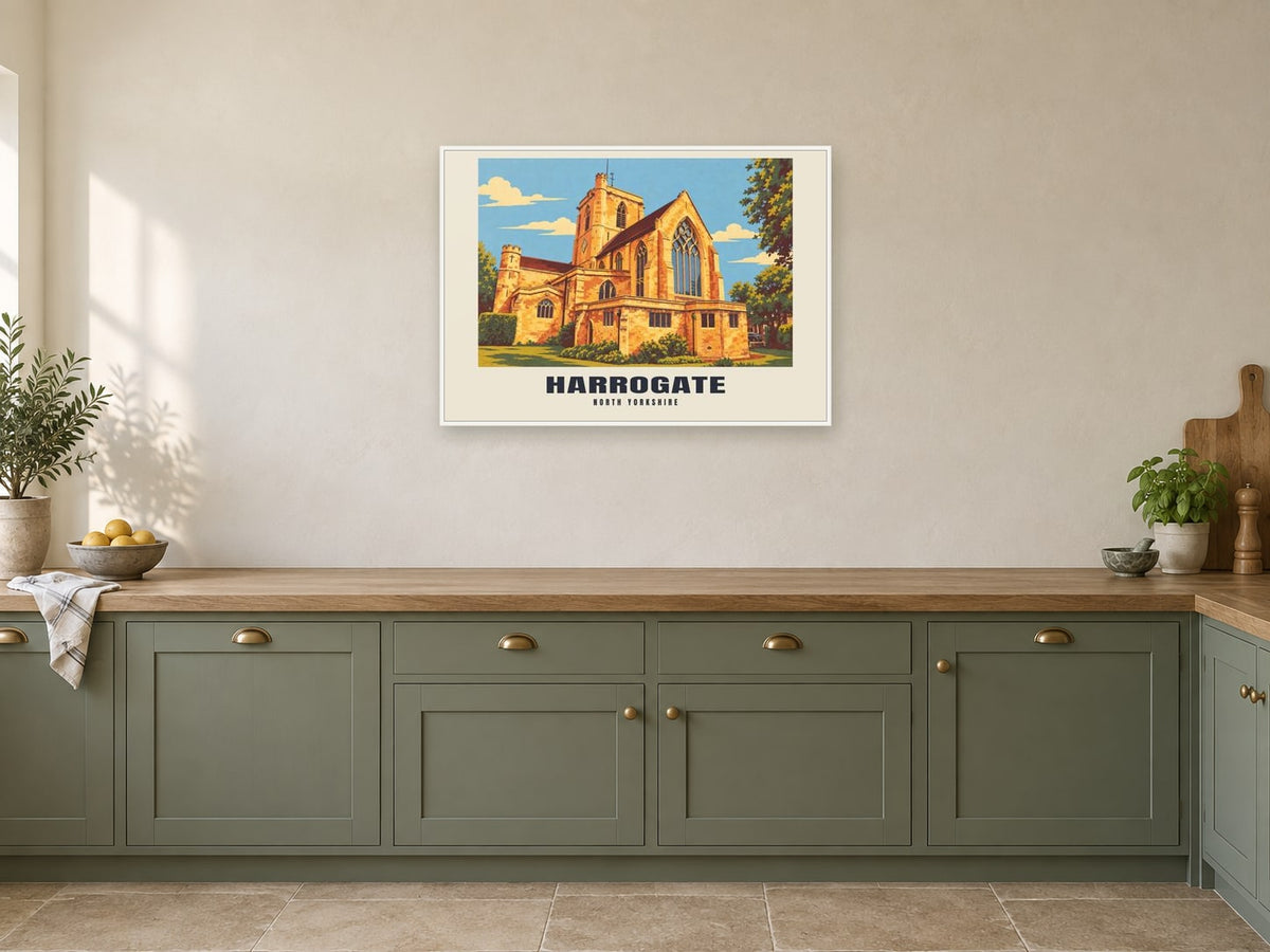 Harrogate Poster — Kairos Church at A1, in a white frame, in a kitchen