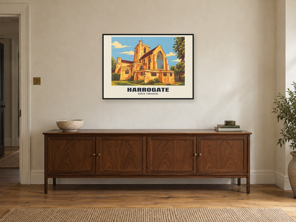 Harrogate Poster — Kairos Church at A1, in a black frame, above a sideboard