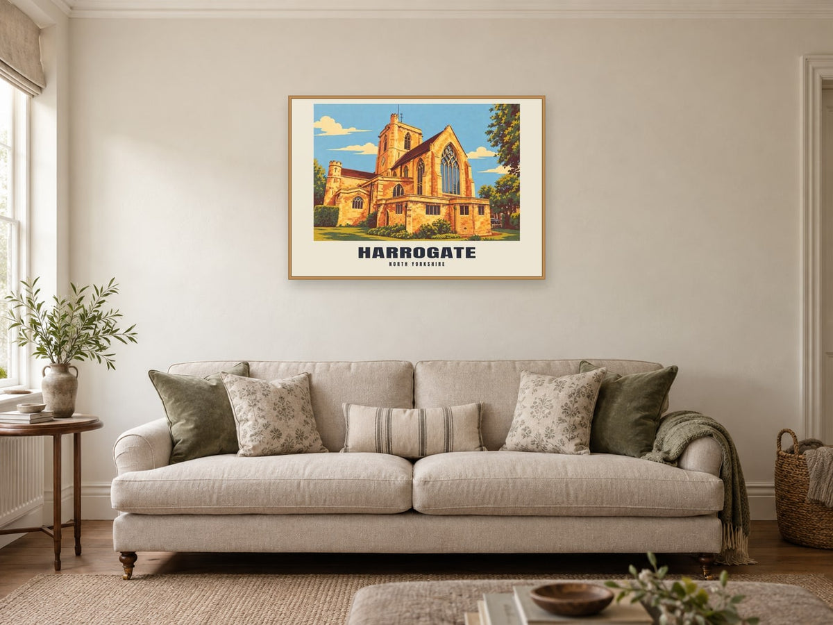 Harrogate Poster — Kairos Church at A1, in an oak frame, in a sitting room