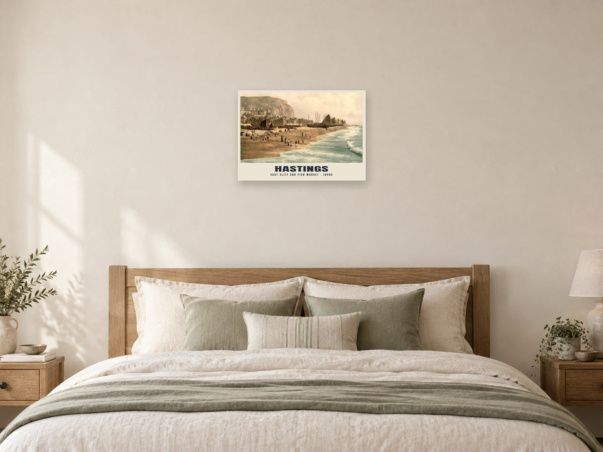 East Cliff and Fish Market, Hastings, 1890s Heritage Print at A2, as a poster, above a bed