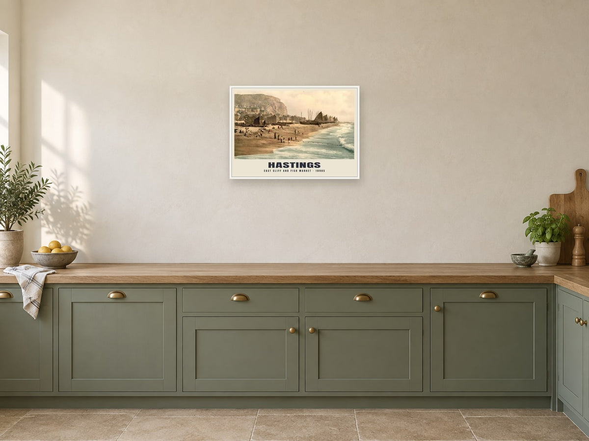 East Cliff and Fish Market, Hastings, 1890s Heritage Print at A2, in a white frame, in a kitchen