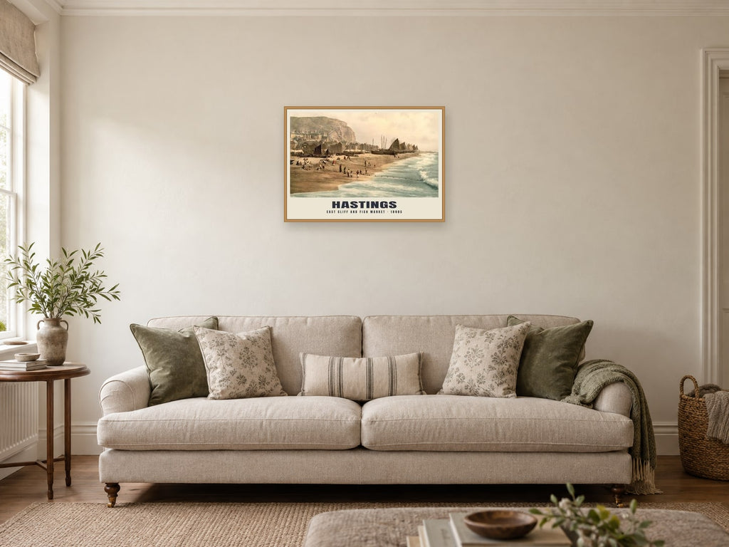 East Cliff and Fish Market, Hastings, 1890s Heritage Print at A2, in an oak frame, in a sitting room