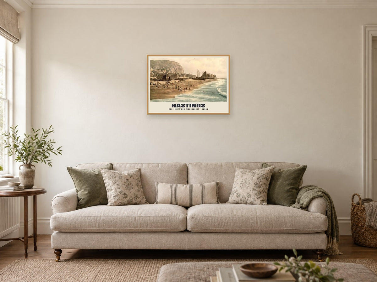 East Cliff and Fish Market, Hastings, 1890s Heritage Print at A2, in an oak frame, in a sitting room