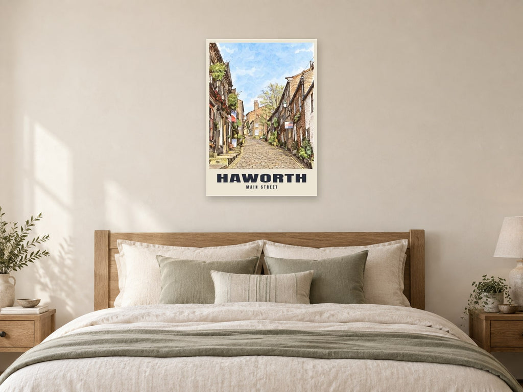 Main Street, Haworth Poster at A1, as a poster, above a bed