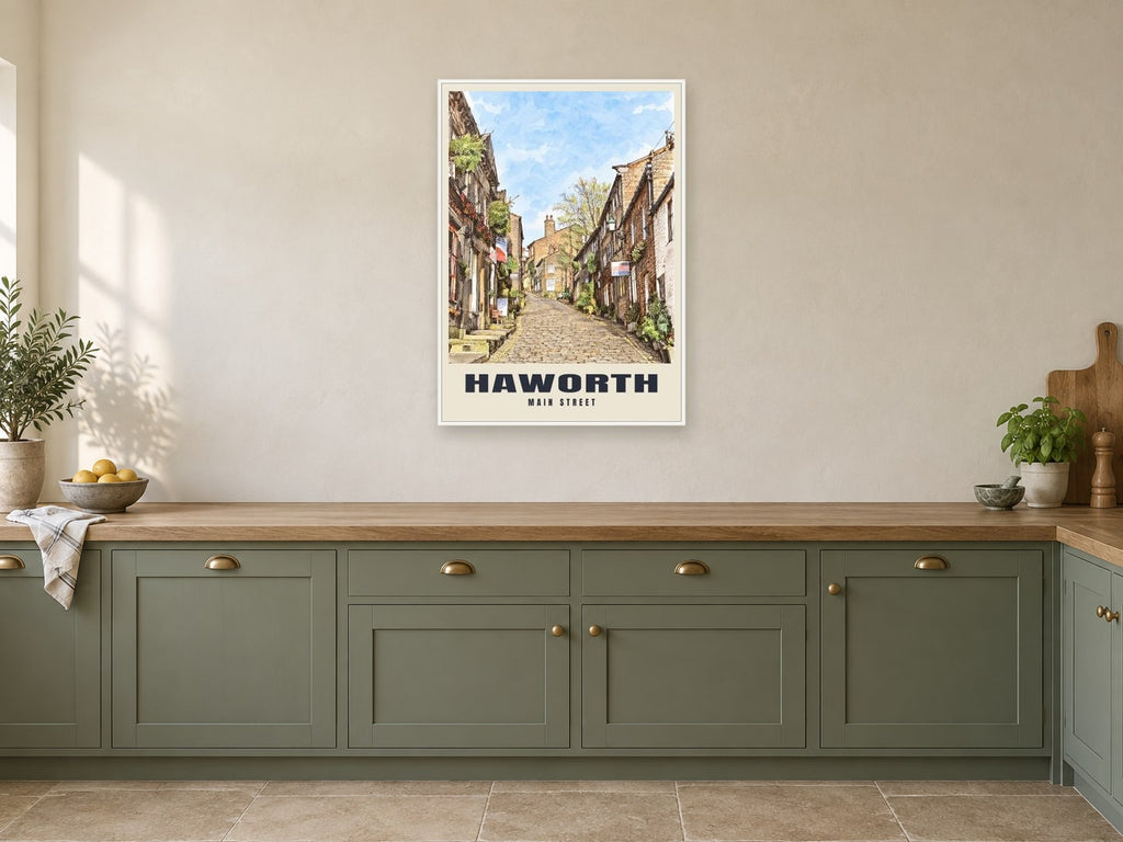 Main Street, Haworth Poster at A1, in a white frame, in a kitchen