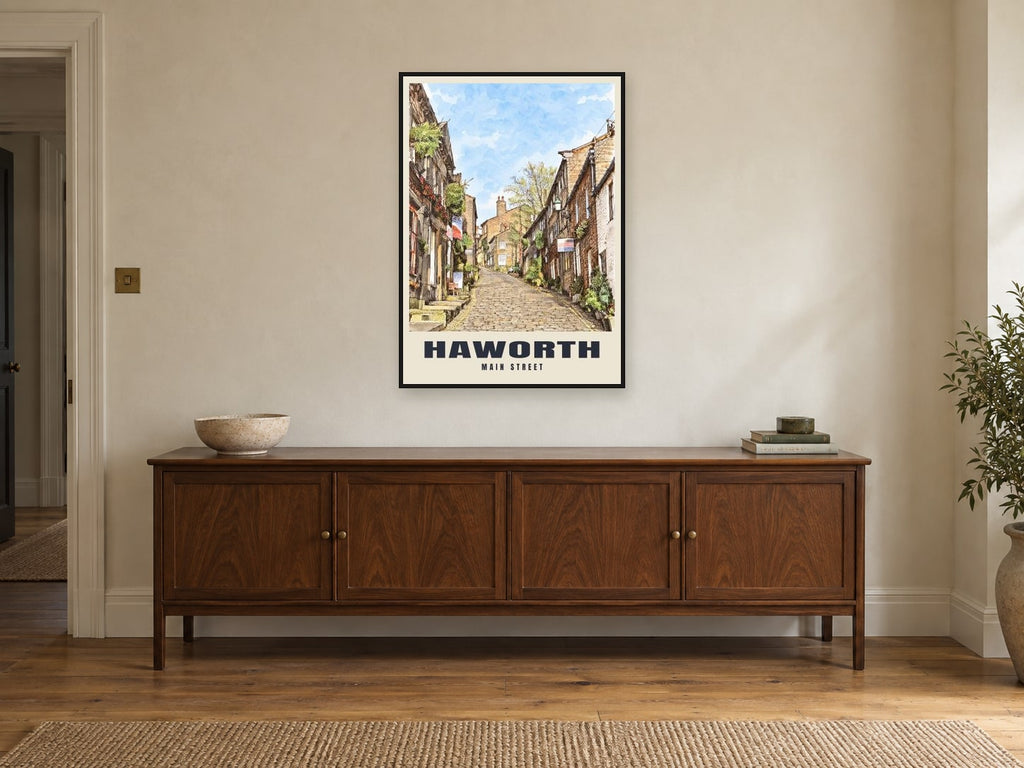 Main Street, Haworth Poster at A1, in a black frame, above a sideboard