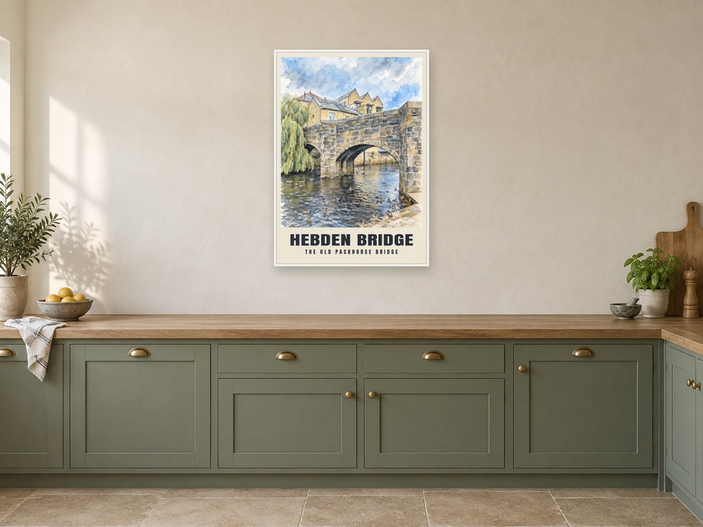 The Old Packhorse Bridge, Hebden Bridge Poster at A1, in a white frame, in a kitchen
