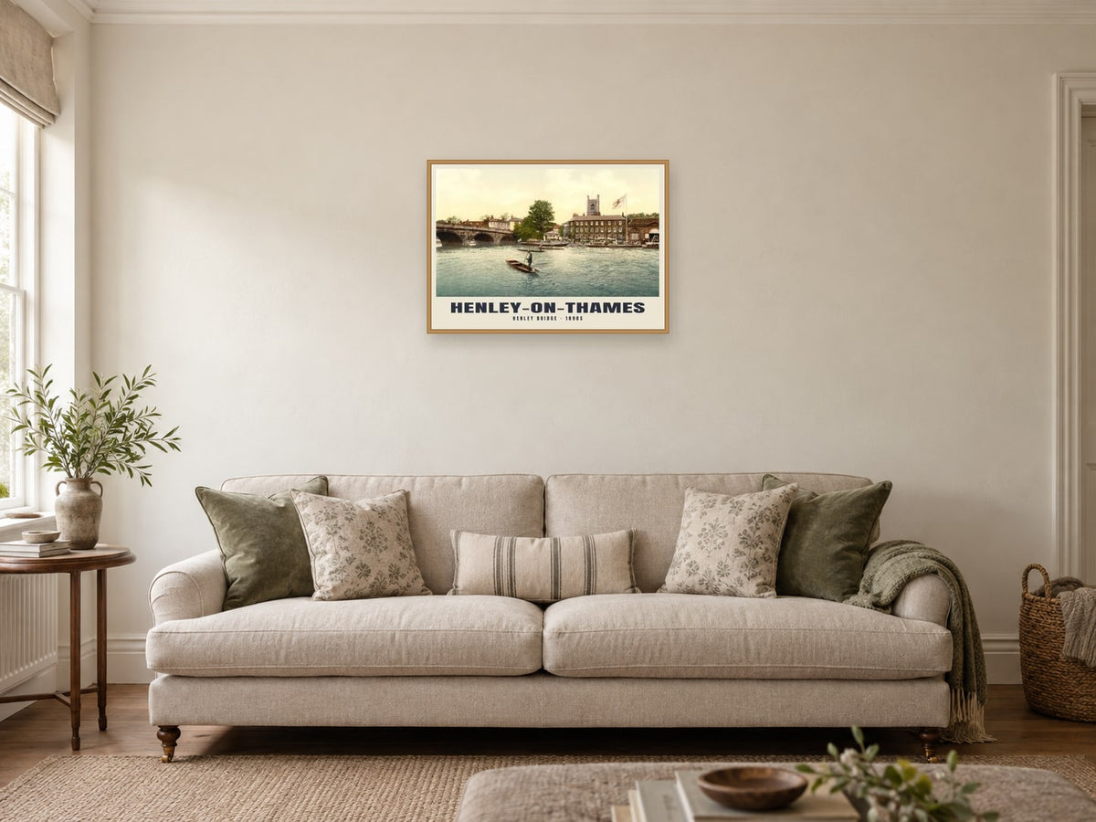Henley Bridge, Henley-on-Thames, 1890s Heritage Print at A2, in an oak frame, in a sitting room