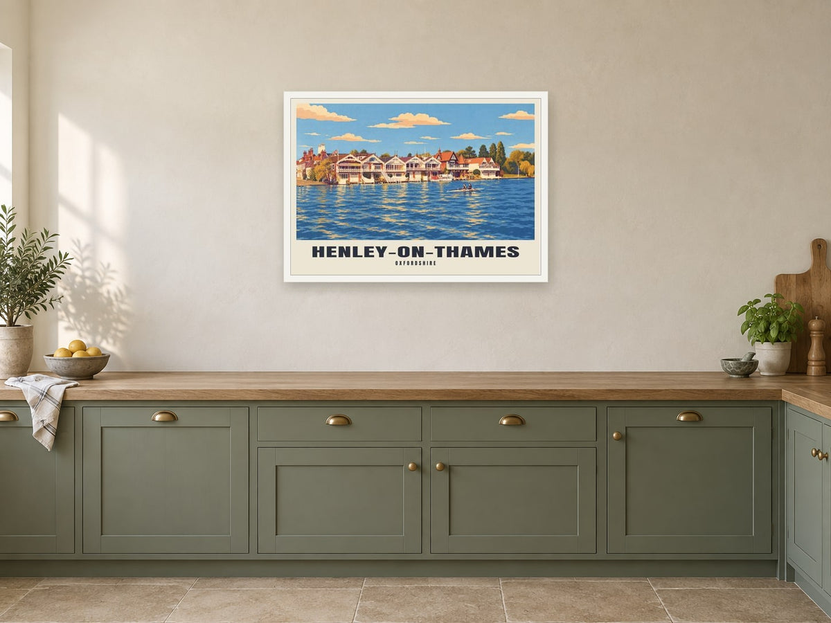Henley-on-Thames Poster at A1, in a white frame, in a kitchen