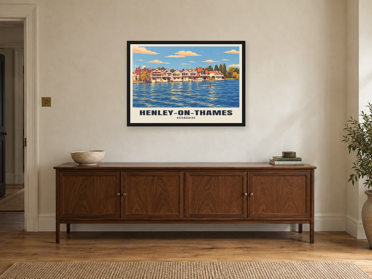 Henley-on-Thames Poster at A1, in a black frame, above a sideboard
