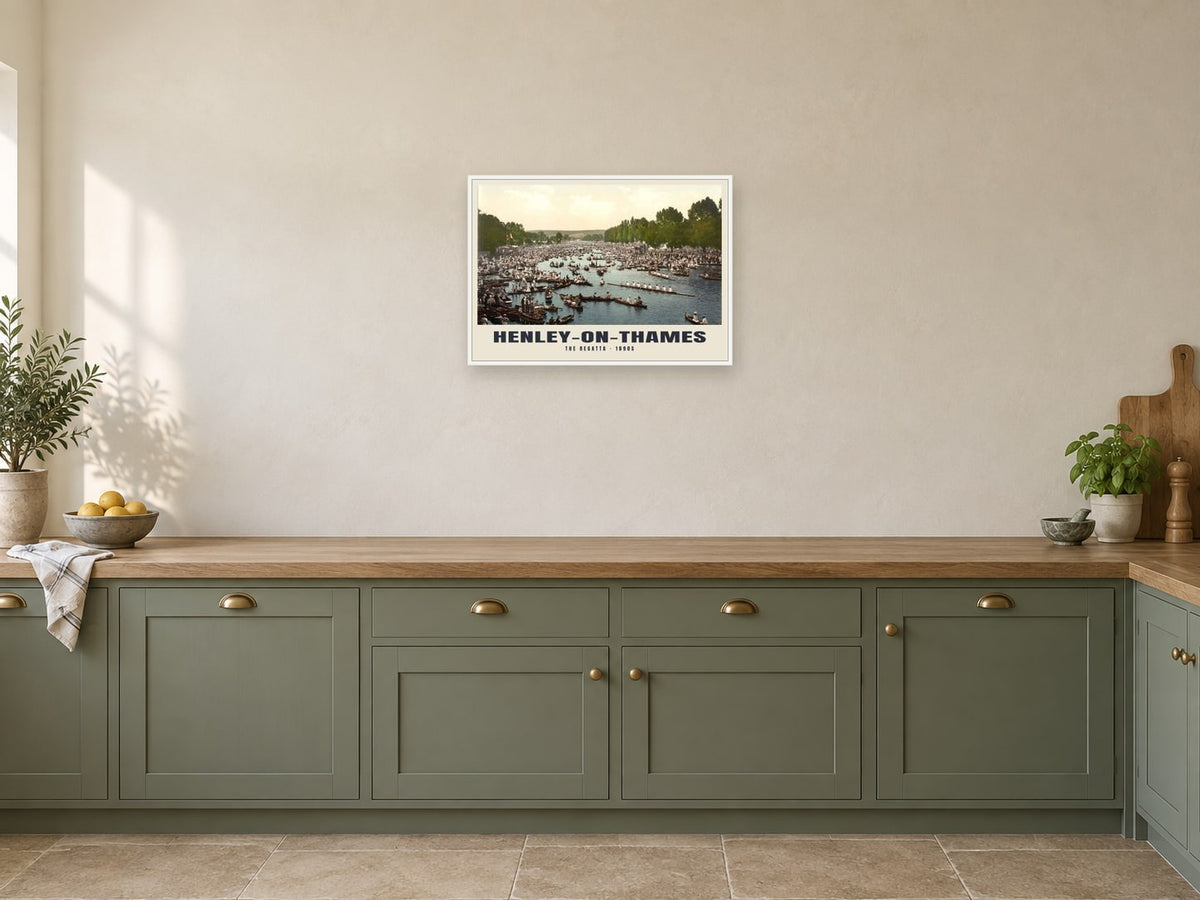 Henley Regatta, 1890s Heritage Print at A2, in a white frame, in a kitchen