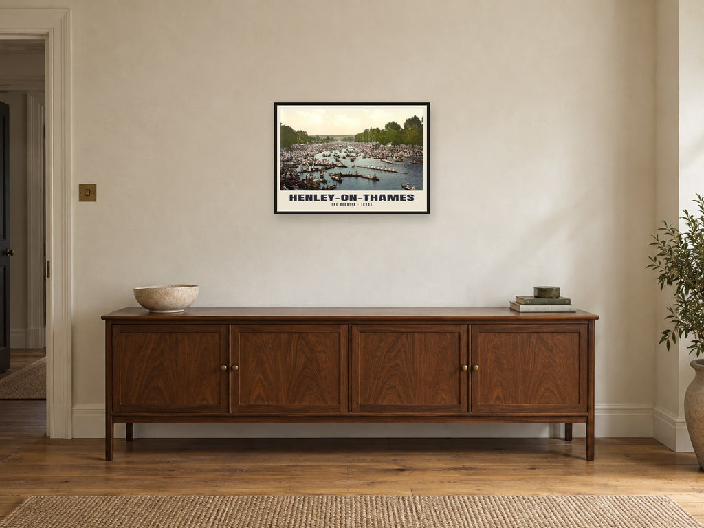 Henley Regatta, 1890s Heritage Print at A2, in a black frame, above a sideboard