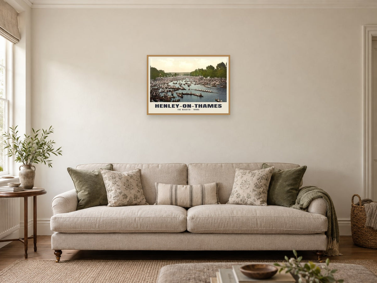 Henley Regatta, 1890s Heritage Print at A2, in an oak frame, in a sitting room
