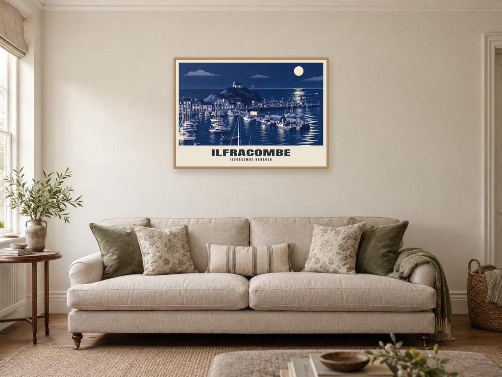 Ilfracombe harbour Poster at A1, in an oak frame, in a sitting room